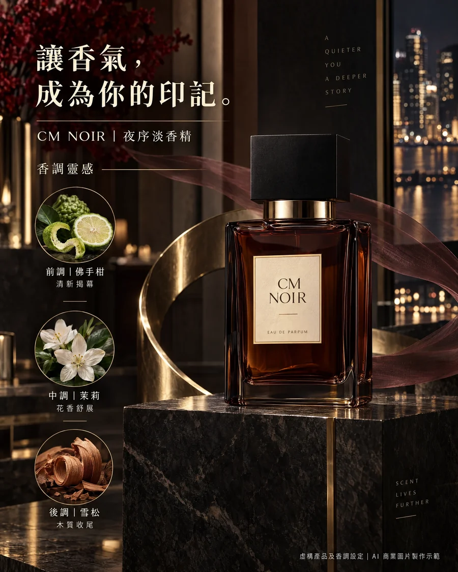 Fictional CM NOIR perfume concept paired with a graphic of its top, middle and base notes; an AI commercial image demo.