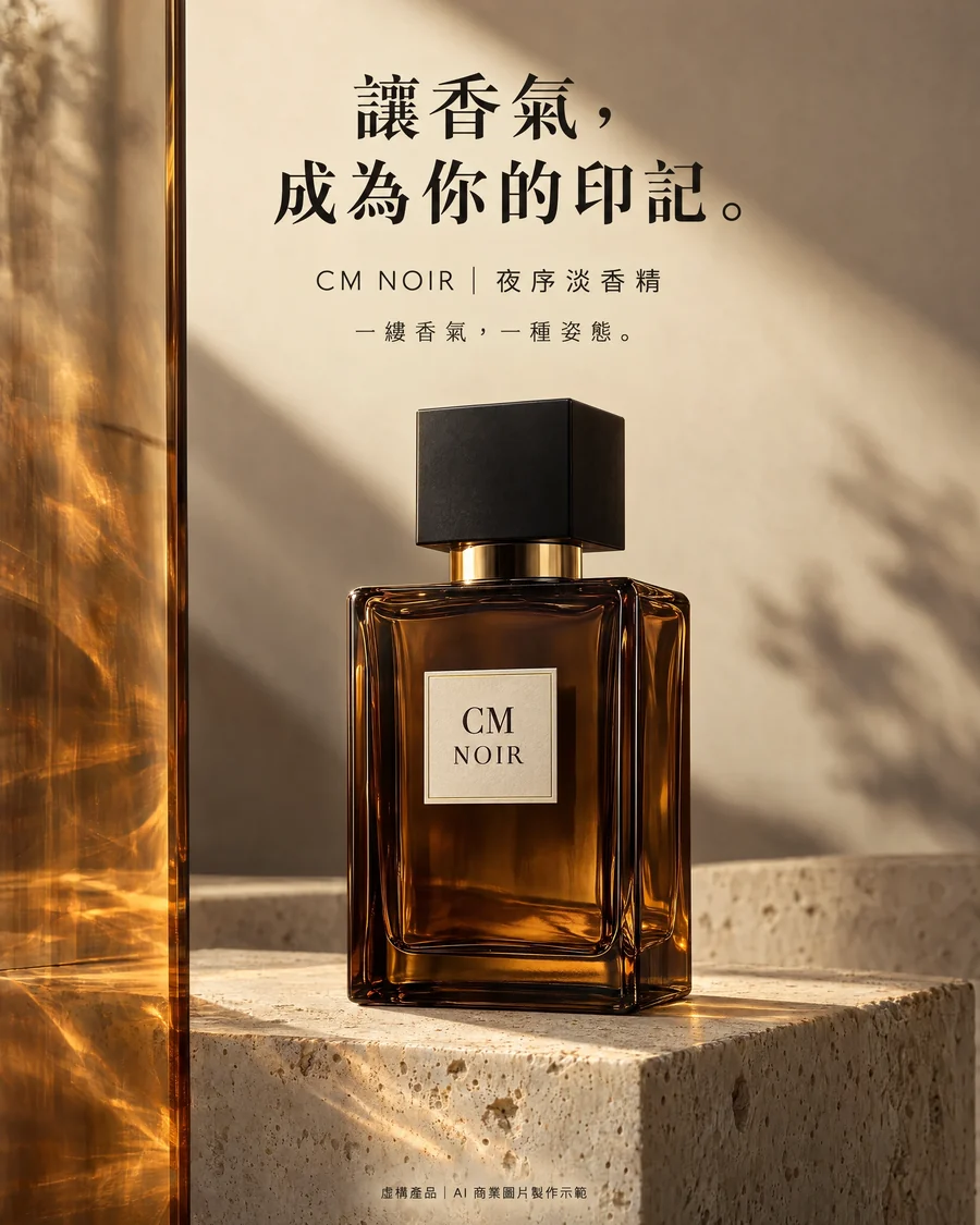 Fictional CM NOIR perfume bottle in warm dramatic light; an AI commercial image demonstration.