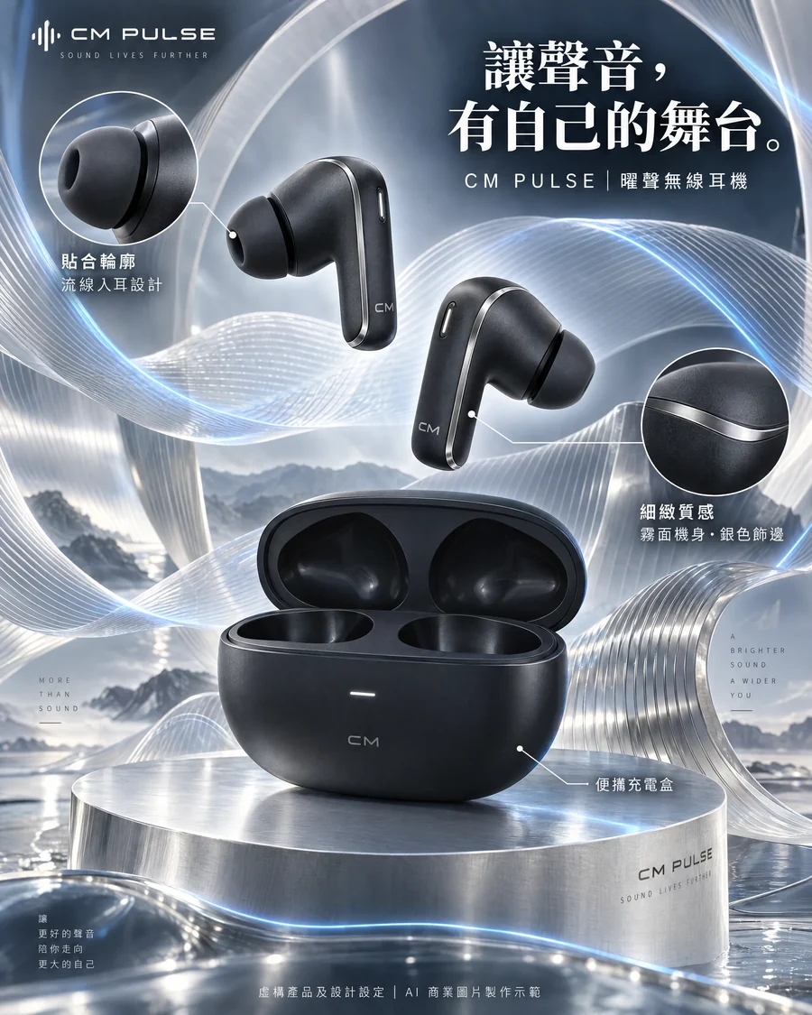 Fictional CM PULSE wireless-earbud product concept showing its form, finish and charging case; an AI commercial image demo.