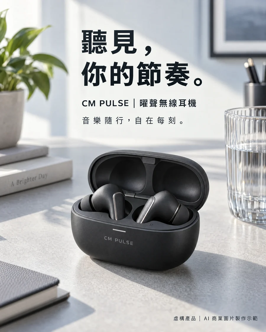 Fictional CM PULSE black wireless earbuds in a bright desktop scene; labelled as an AI commercial image demonstration.