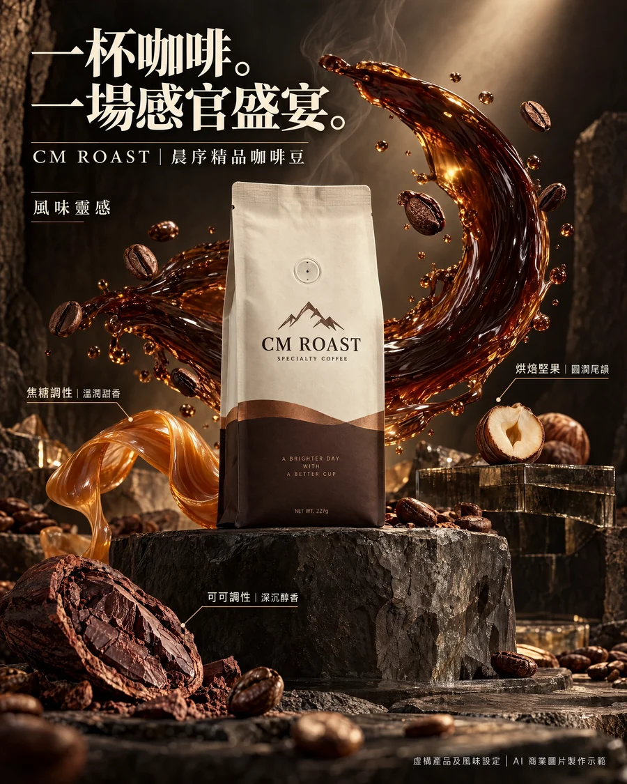 Fictional CM ROAST coffee packaging with coffee splash and beans in a dramatic advertising key visual; an AI commercial image demo.