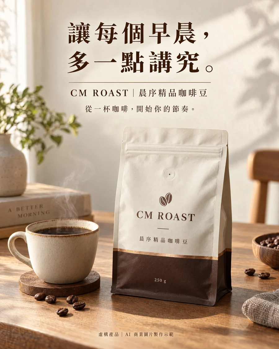 Fictional CM ROAST coffee packaging and cup in a warm morning product scene; labelled as an AI commercial image demonstration.