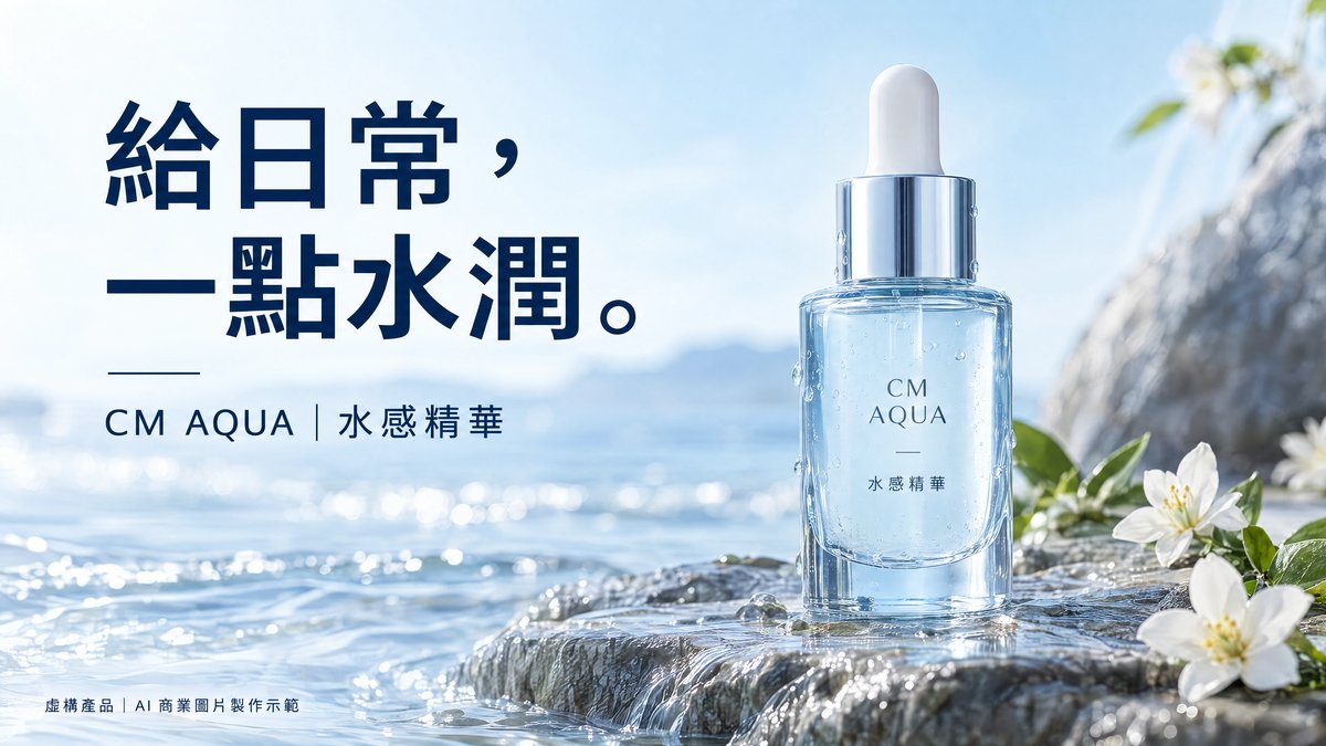 Commercial image example: a clear dropper serum bottle on wet coastal rocks, with white flowers and a pale blue daylight background. The artwork labels the product as fictional.