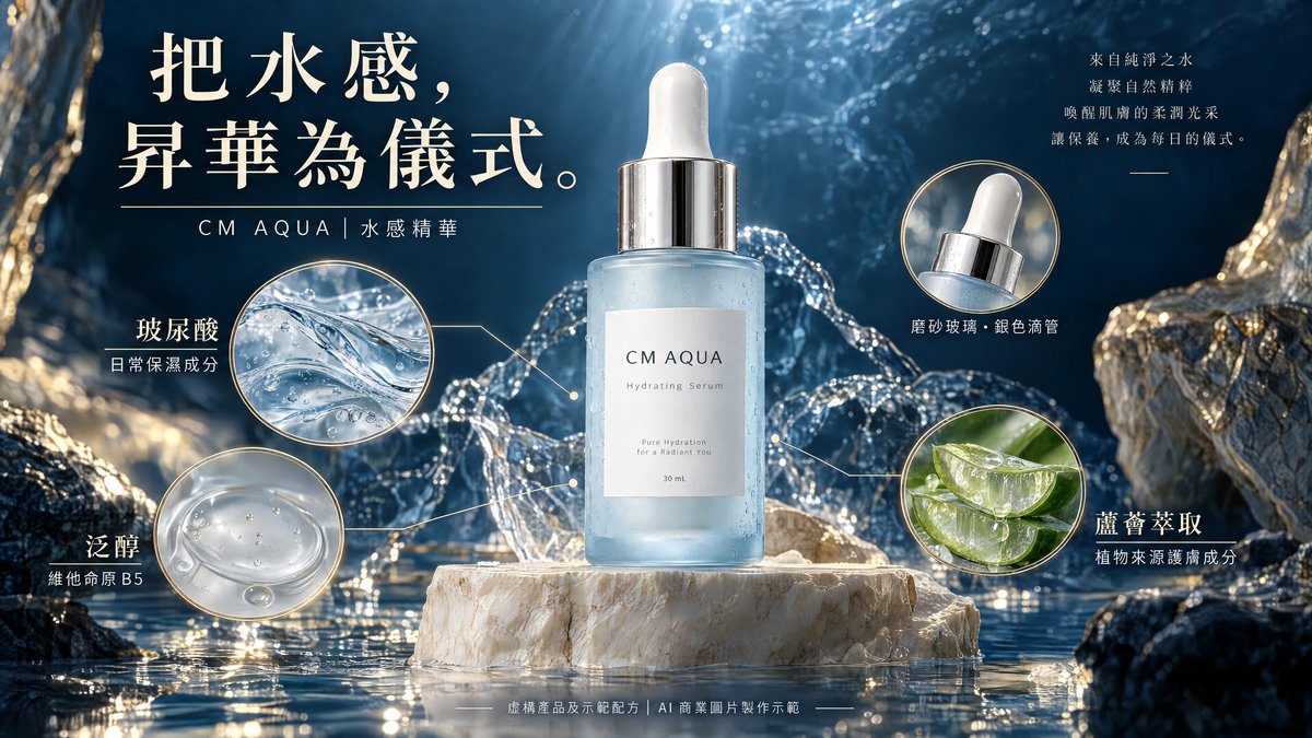 Premium image example: a dropper serum bottle on a central stone platform, with splashing water, a deep blue backdrop and gold lighting. Circular close-ups show the dropper and formula concepts. The artwork labels the product and formula as fictional examples.